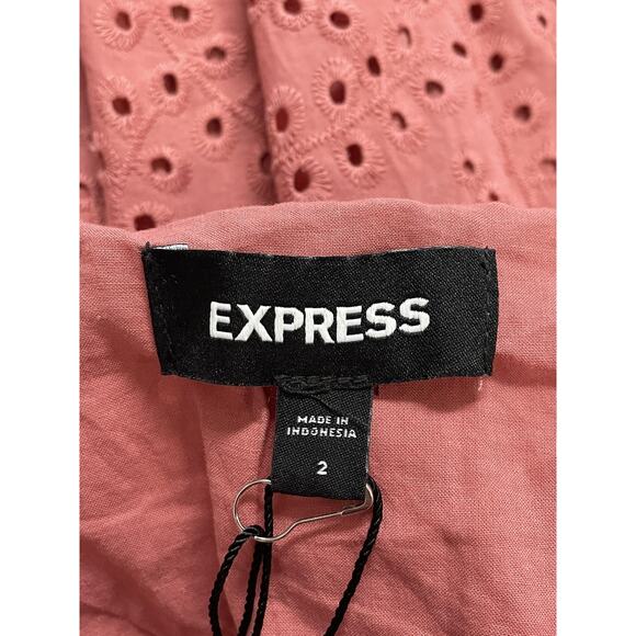 Express Skirt Womens 2 Pink Eyelet Ruffle Tiered Lined Mini Summer Boho Cotton - Picture 7 of 10